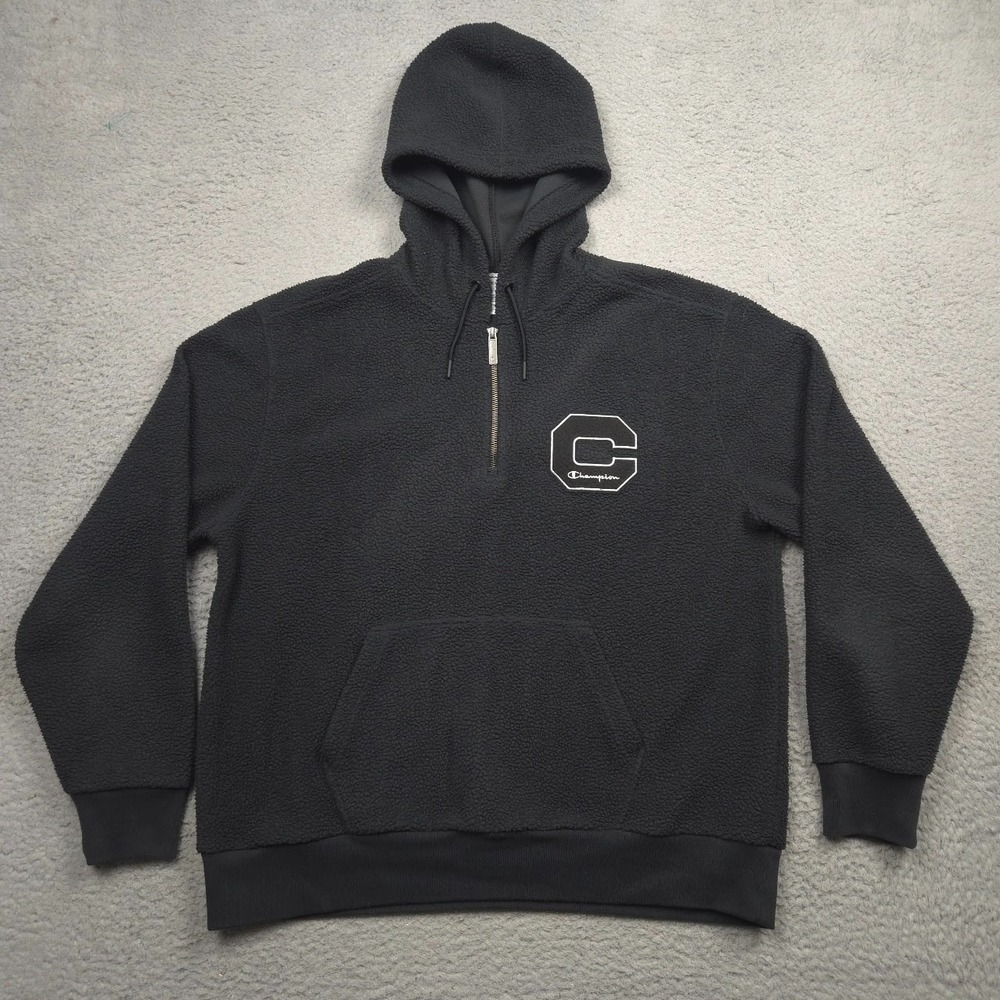 Champion Heritage Sherpa Quarter Zip Hoodie Men L Black Felt Big C Logo Fleece